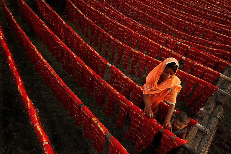 A Woman And Her Child Place Dyed Threads Out To Dry, Santipure, Nadia, India Photo Contest
