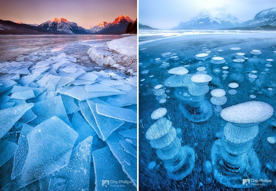 Lake McDonald In Montana, USA & Abraham Lake In Canada Frozen Lake